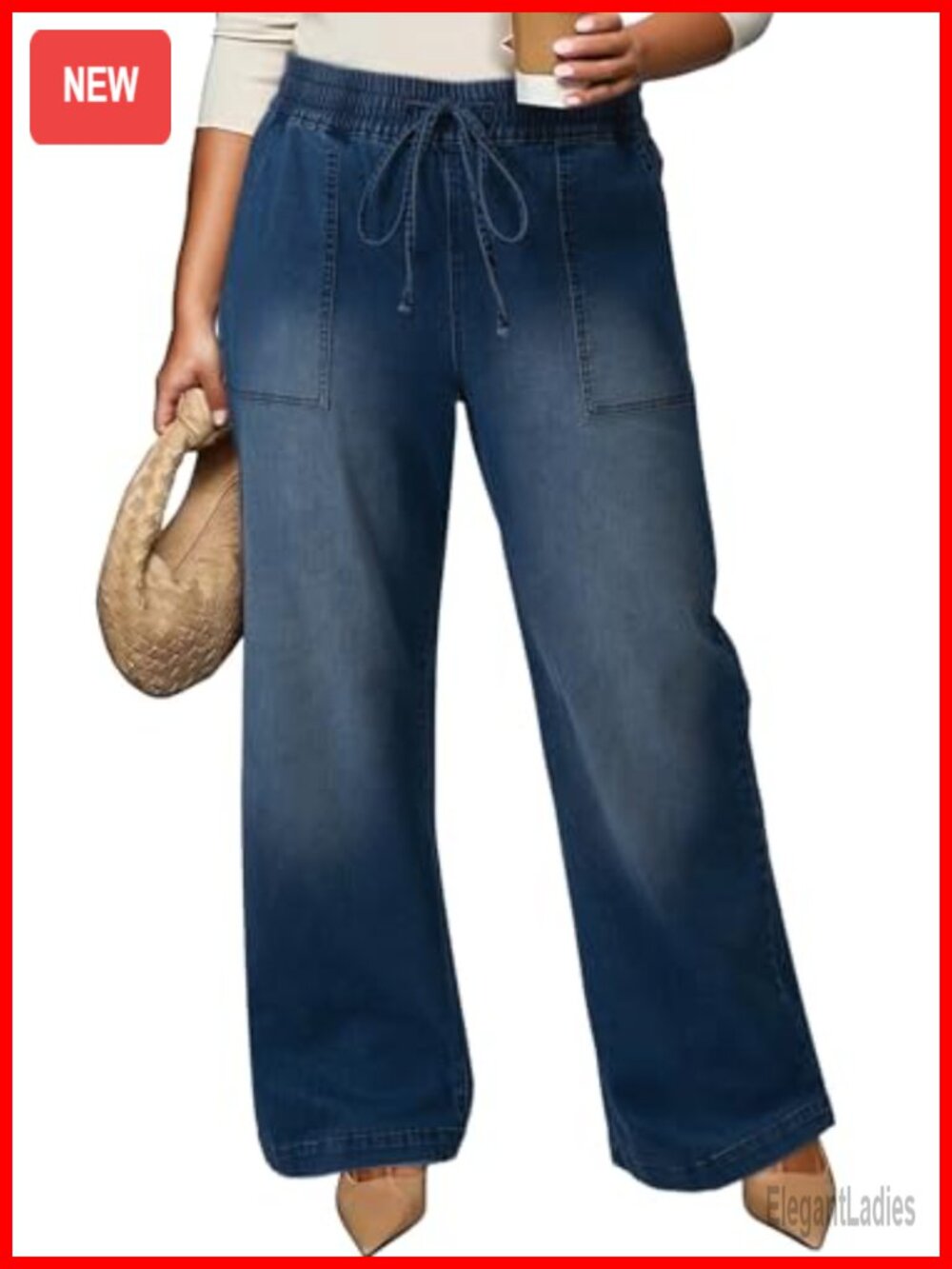 Eytino Plus Size High Waisted Wide Leg Jeans Stretchy Drawstring Denim